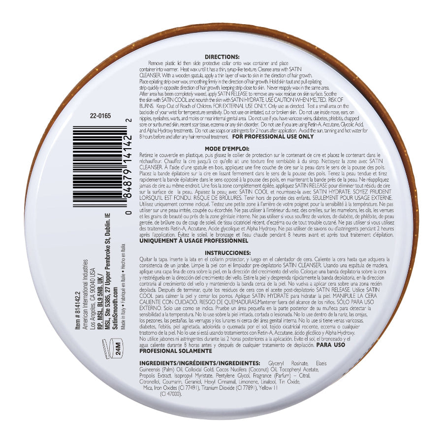 Satin Smooth Luxury Gem Wax 14oz - Gold Quartz — underside of the pack showing the label and barcode - current satinsmooth.com livery, white can reading "INFUSED WITH"