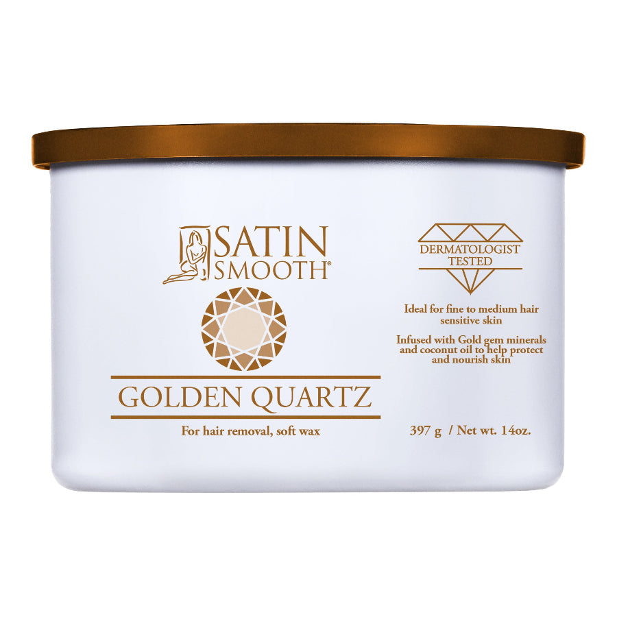 Satin Smooth Luxury Gem Wax 14oz - Gold Quartz — front of pack on plain white - current satinsmooth.com livery, white can reading "INFUSED WITH"