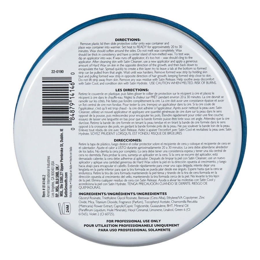 Satin Smooth Wax - Titanium Blue Hard Wax — underside of the pack showing the label and barcode