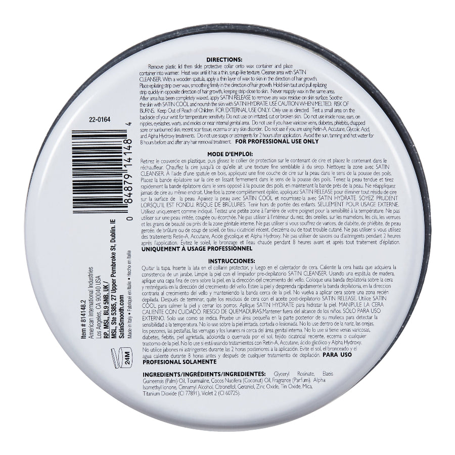 Satin Smooth Luxury Gem Wax 14oz - Silver Tourmaline — underside of the pack showing the label and barcode - current satinsmooth.com livery, white can reading "INFUSED WITH"