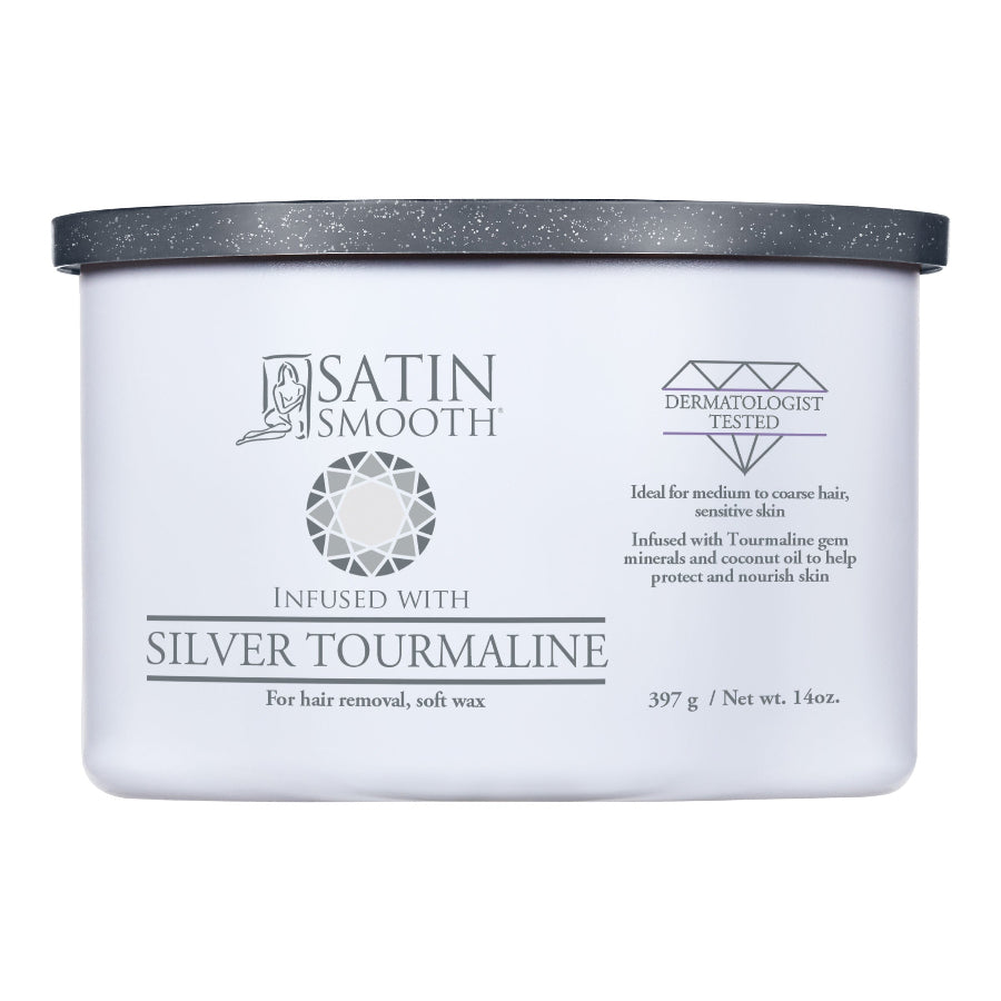Satin Smooth Luxury Gem Wax 14oz - Silver Tourmaline — front of pack on plain white - current satinsmooth.com livery, white can reading "INFUSED WITH"