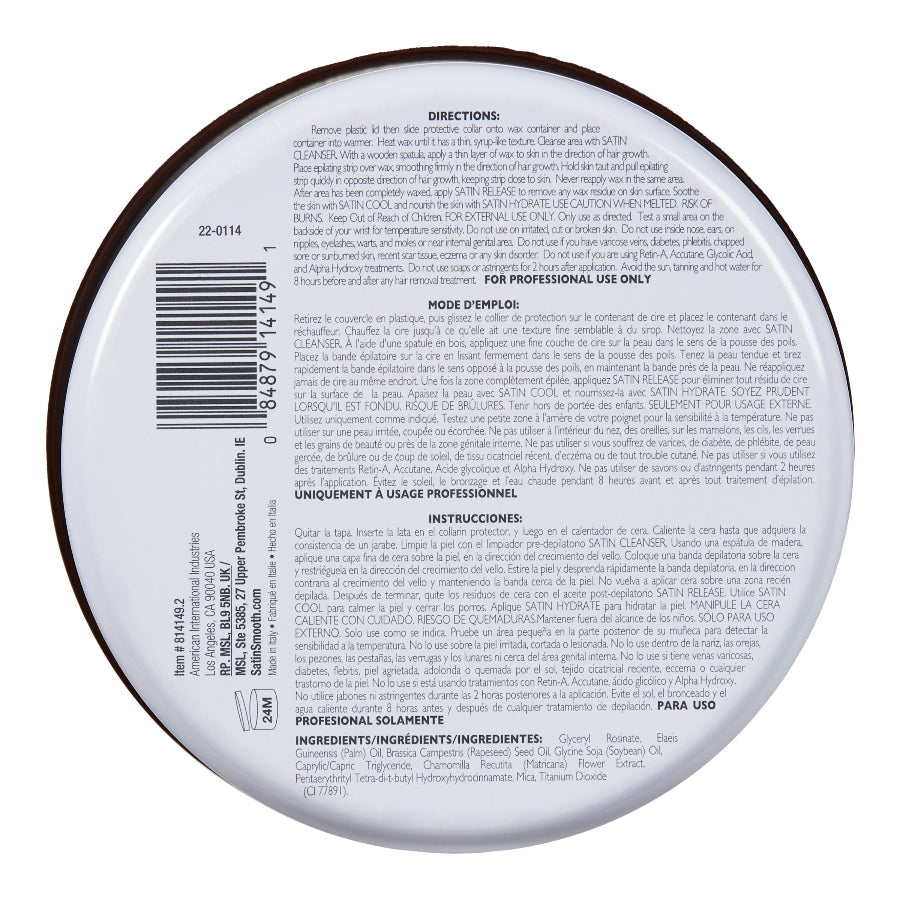 Satin Smooth Pure Soy Infused Wax — back of pack with directions and ingredient statement