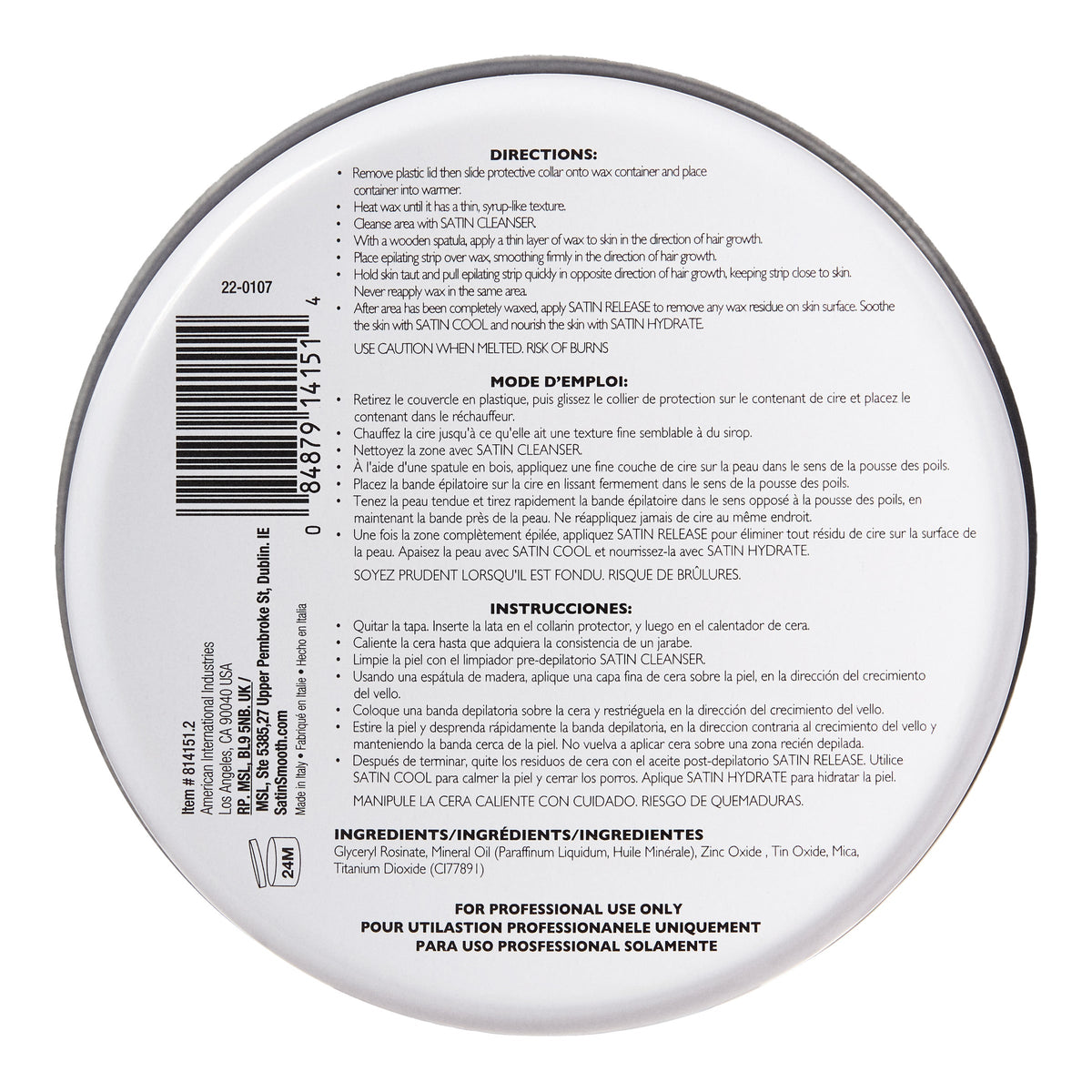 Satin Smooth Wax - Zinc Oxide — underside of the pack showing the label and barcode