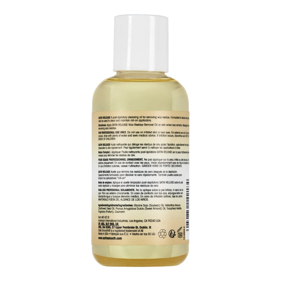 SATIN SMOOTH™ WAX RESIDUE REMOVER OIL — 4 oz (118 mL) pack, back of pack showing directions and ingredients