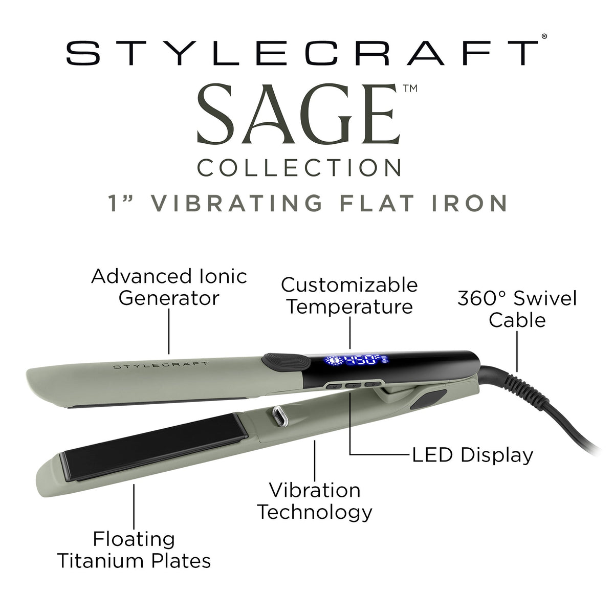 StyleCraft Sage Vibrating Titanium Flat Iron 1" – Professional