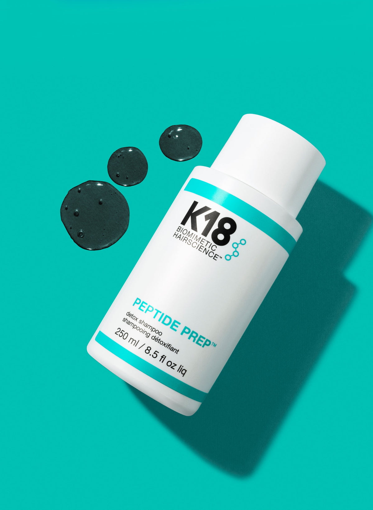 K18 Peptide Prep Detox Clarifying Shampoo — 250 ml bottle with charcoal-gel texture drops