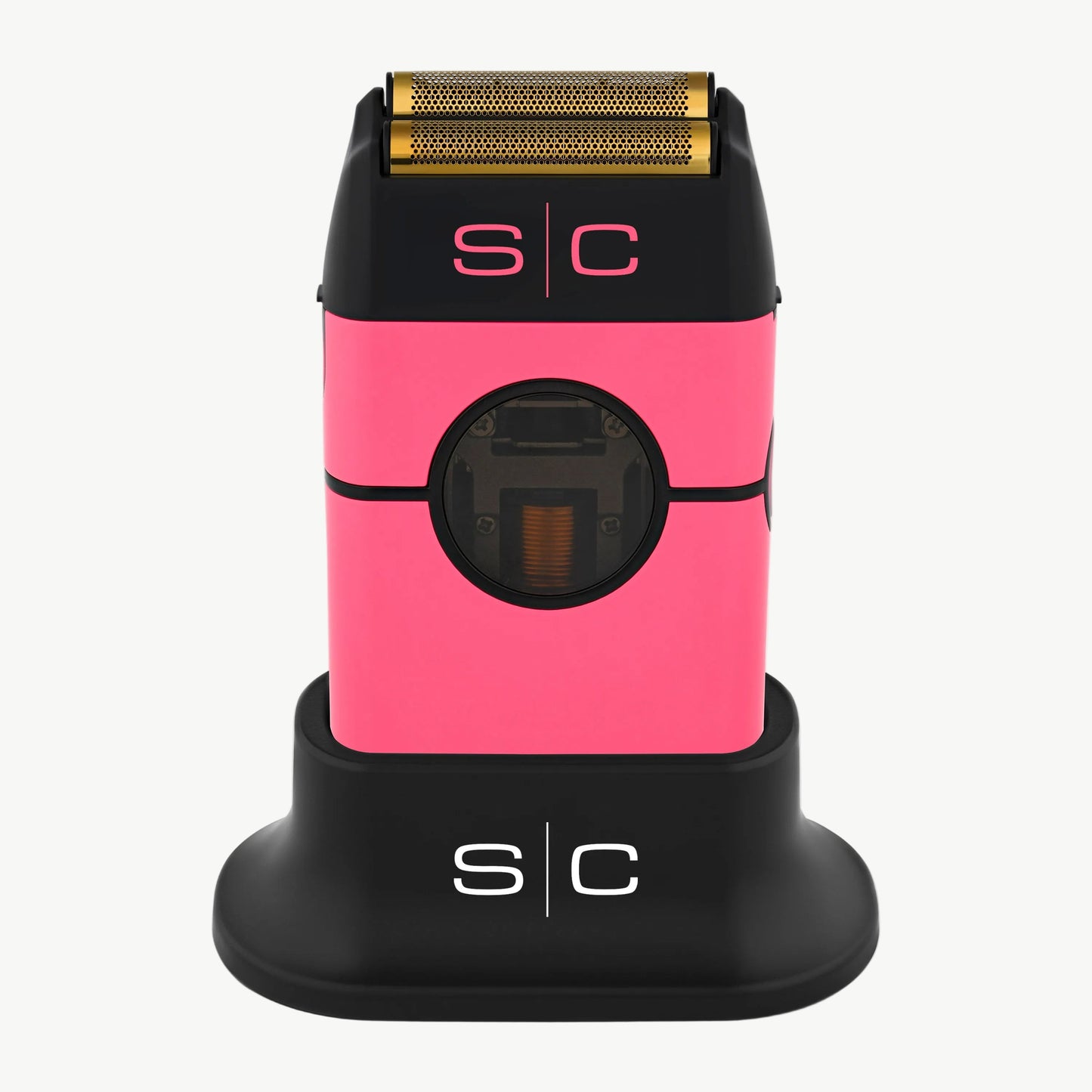 Color: pink; Instinct Metal Professional Double Foil Shaver with a gold-toned blade, shown upright on a matching black charging dock against a white background. The brand 's|c' is visible on both the shaver and the dock.