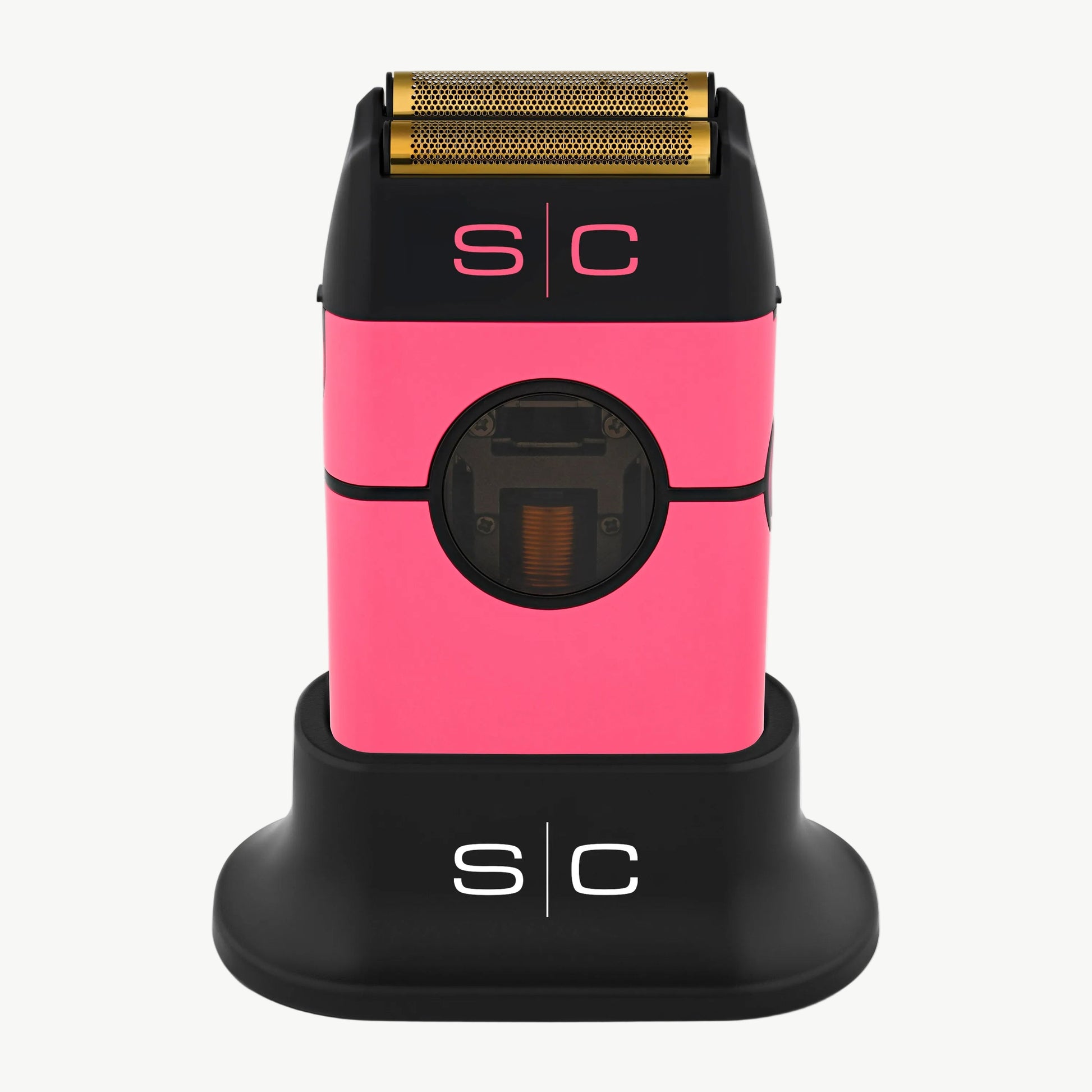 Color: pink; Instinct Metal Professional Double Foil Shaver with a gold-toned blade, shown upright on a matching black charging dock against a white background. The brand 's|c' is visible on both the shaver and the dock.