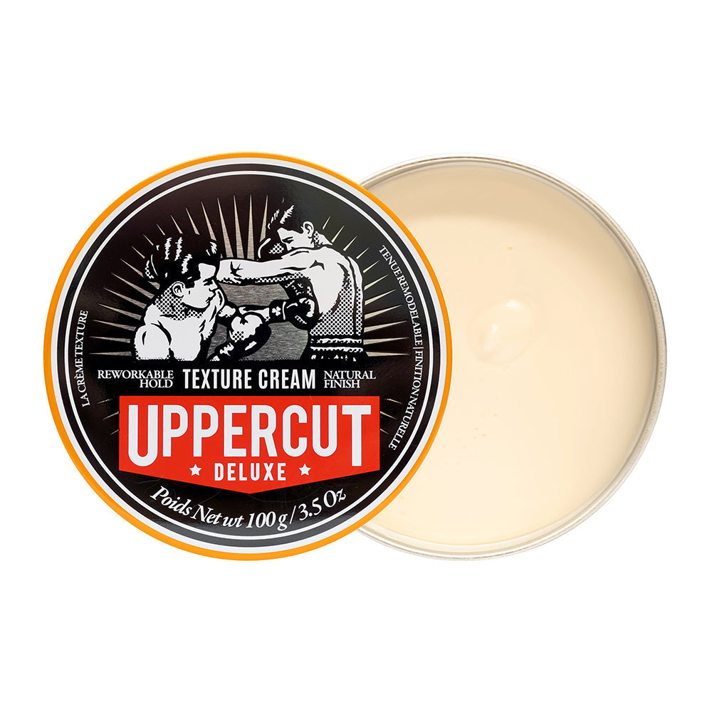 Uppercut Deluxe Texture Cream — 100 g tin open showing the cream, plain white background
