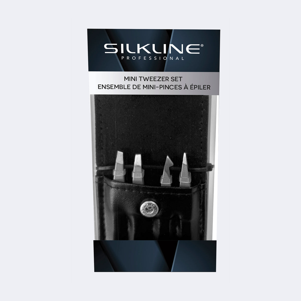 Silkline Professional Mini Tweezers Set — single retail blister card with pouch, front view / Ensemble de mini-pinces à épiler Silkline — carte blister de vente au détail avec étui, vue de face — TWEEZDISPTWHC