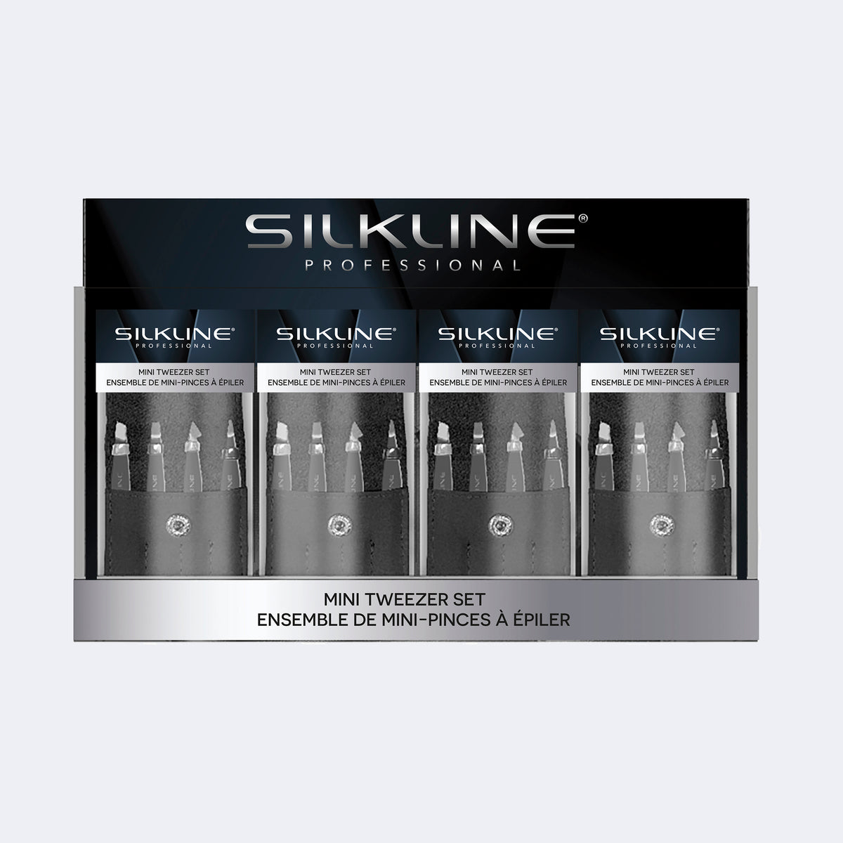 Silkline Professional Mini Tweezers Set — four-unit retail counter display, Twilight limited edition / Ensemble de mini-pinces à épiler Silkline — présentoir de comptoir de quatre unités, édition limitée Twilight — TWEEZDISPTWHC