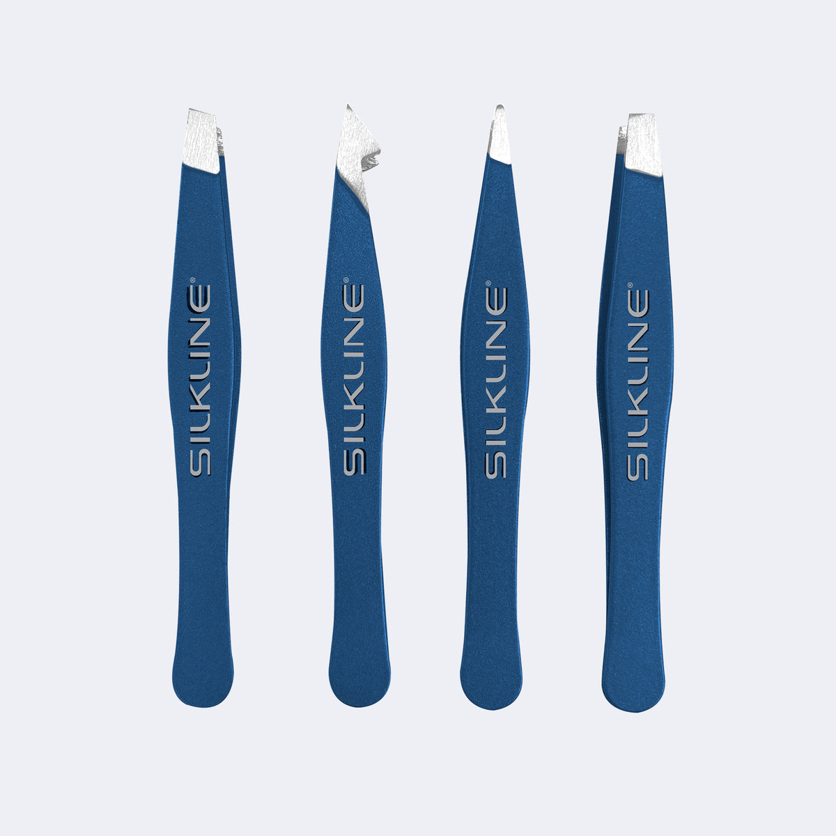 Silkline Professional Mini Tweezers Set — four twilight-blue mini tweezers, front view on plain background / Ensemble de mini-pinces à épiler Silkline — quatre mini-pinces bleu crépuscule, vue de face sur fond uni — TWEEZDISPTWHC