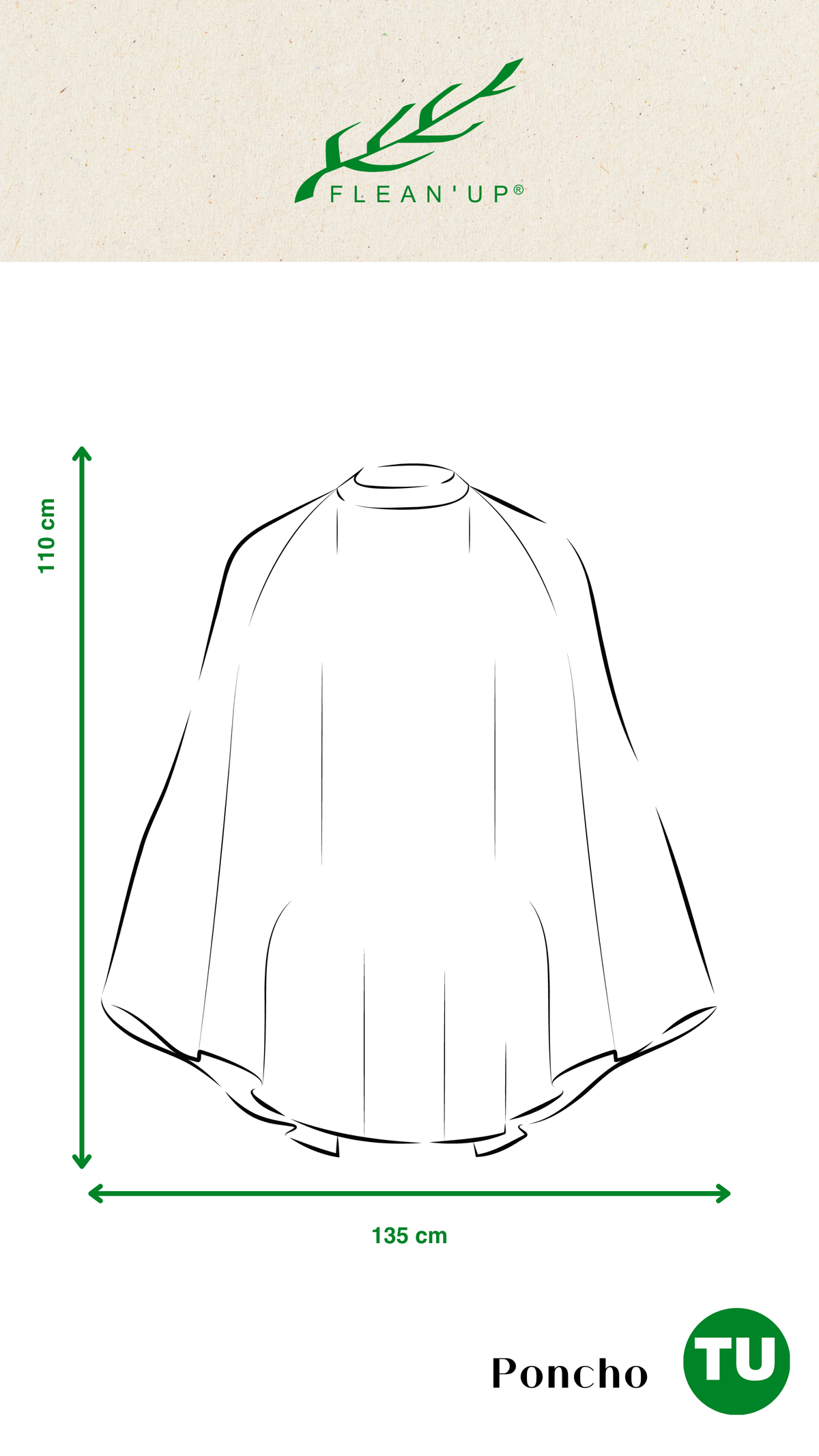 Flean'Up Poncho size chart, one size