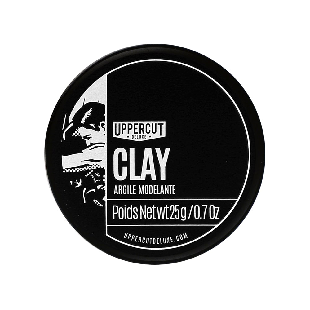 Uppercut Deluxe Clay Pomade — 25 g midi tin lid, top-down, plain white background