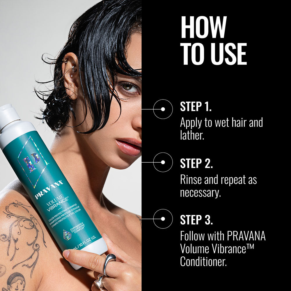 Volume Vibrance Shampoo — how-to-use infographic, new-livery 300 ml bottle
