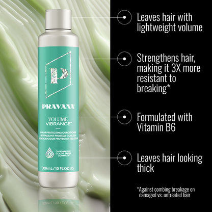 Volume Vibrance Conditioner — benefits infographic, new-livery 300 ml bottle