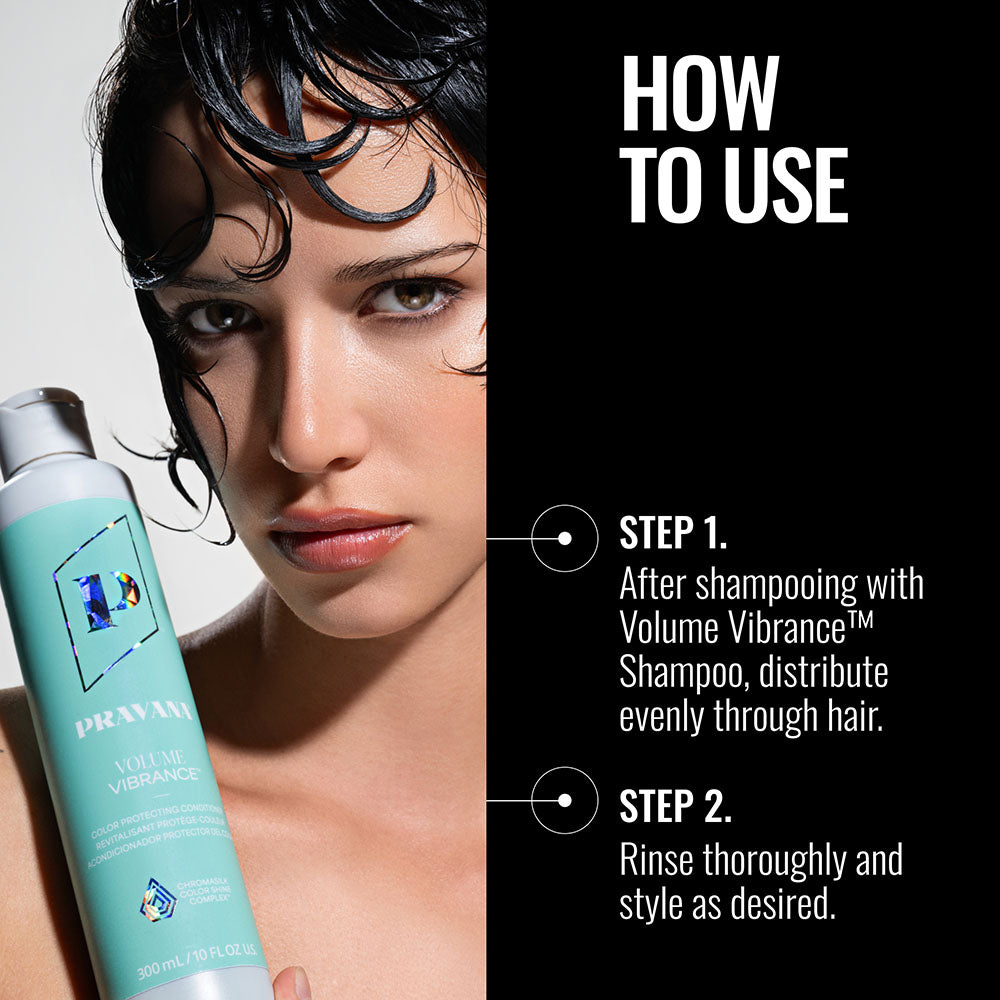 Volume Vibrance Conditioner — how-to-use infographic, new-livery 300 ml bottle