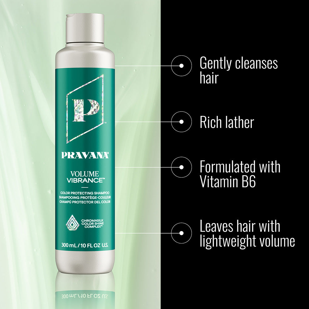 Volume Vibrance Shampoo — benefits infographic, new-livery 300 ml bottle