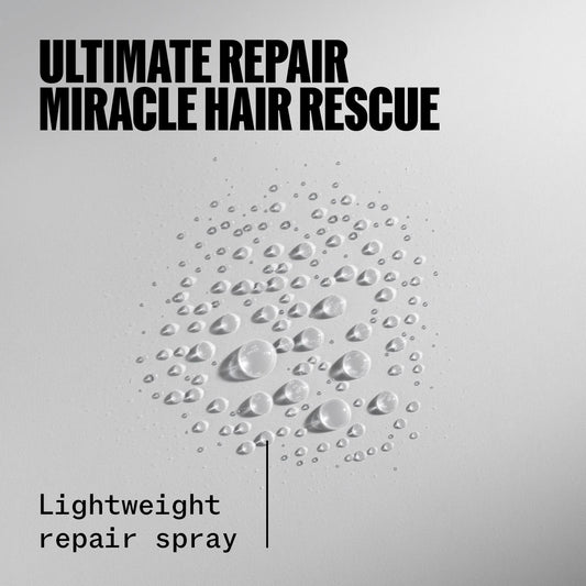 Wella Professionals Ultimate Repair — Zoomed in image of droplets from a spray. Text reads Ultimate Repair Miracle Hair Rescue, Lightweight repair spray.
