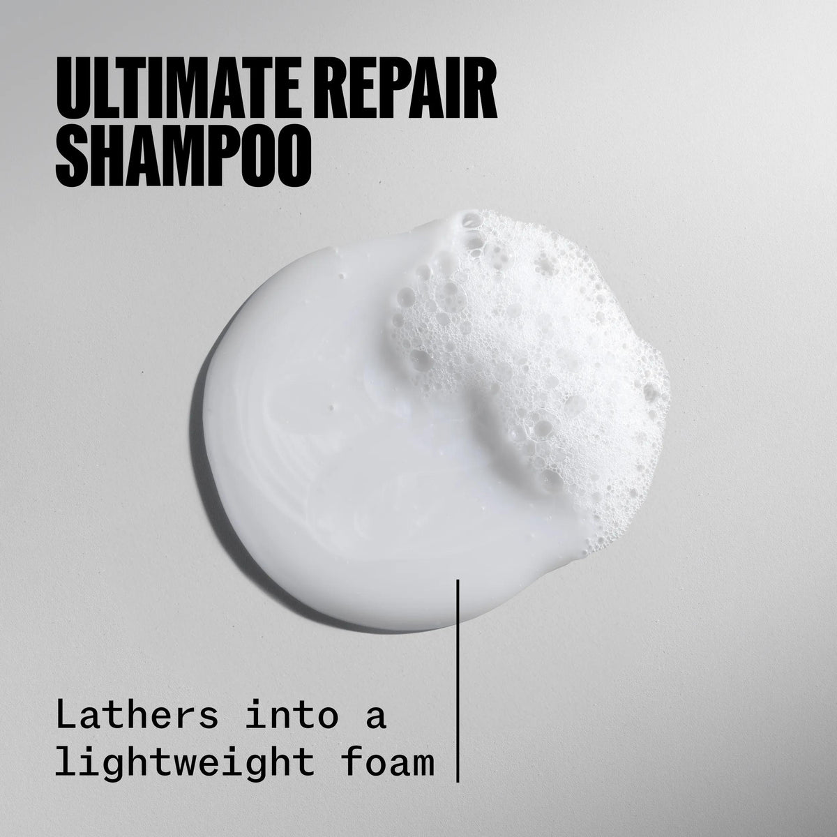 Wella Professionals Ultimate Repair — Drop of Ultimate Repair Shampoo. Text reads lathers into a lightweight foam.
