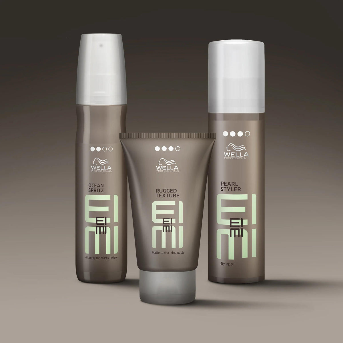 Wella Professionals Eimi — Image of Wella EIMI Ocean Spritz salt spray, Rugged Texture matte paste, and Pearl Styler styling gel.