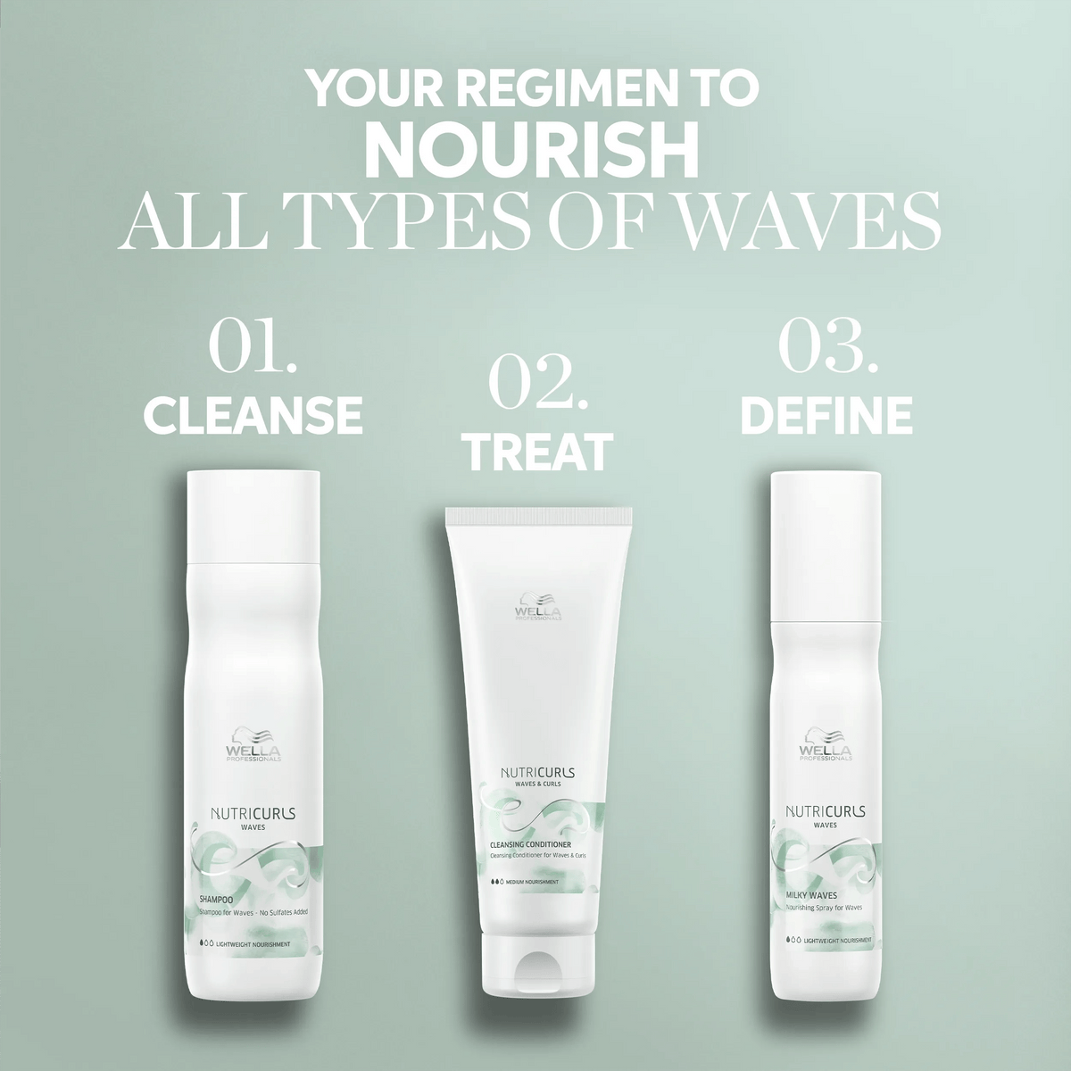 Wella Professionals NutriCurls — Wella NutriCurls hair care regimen for waves: cleanse, treat, define.