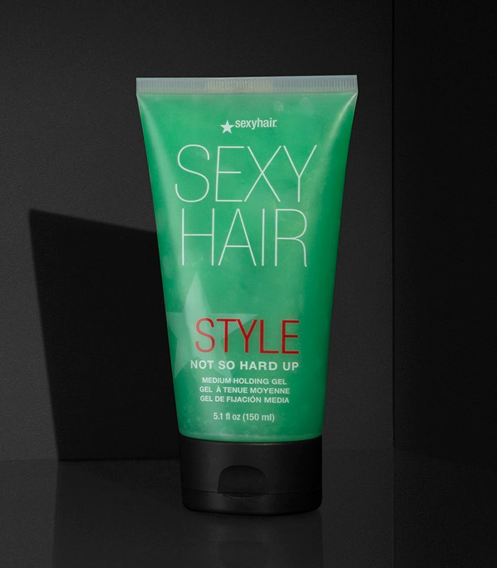 SexyHair Style Not So Hard Up Medium Hold Gel — green 150 ml tube, front label, dark studio background