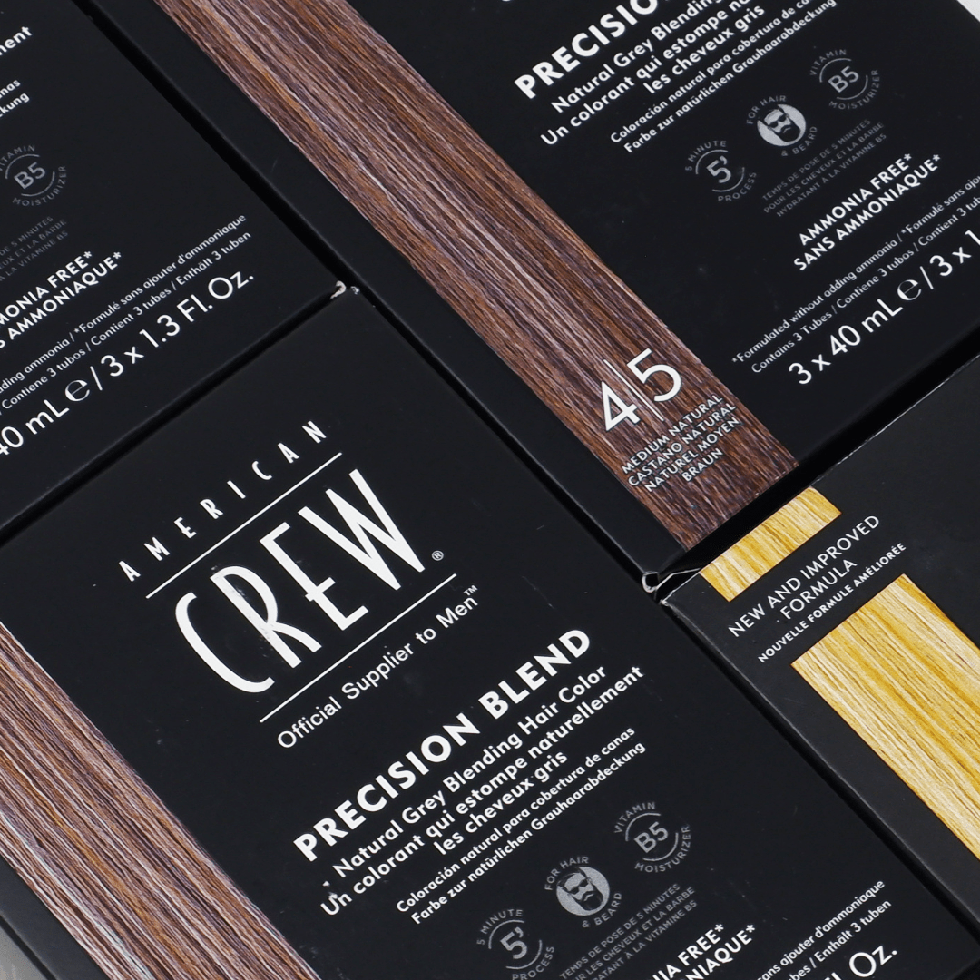 American Crew Precision Blend — current-livery boxes stacked, showing the shade bands