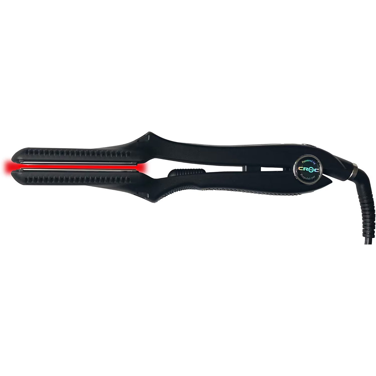 Avanti 1-3/8" Titanium Infrared Flat Iron – Digital Heat to 450°F — flat iron fully open from above, infrared heat strip lit - flat iron open from above, infrared heat strip visible / Fer plat infrarouge en titane Avanti de 1 3/8 po – Chaleur numérique jusqu’à 450 °F — fer plat ouvert vu du dessus, bande chauffante infrarouge allumée - fer plat ouvert vu du dessus, bande chauffante infrarouge visible