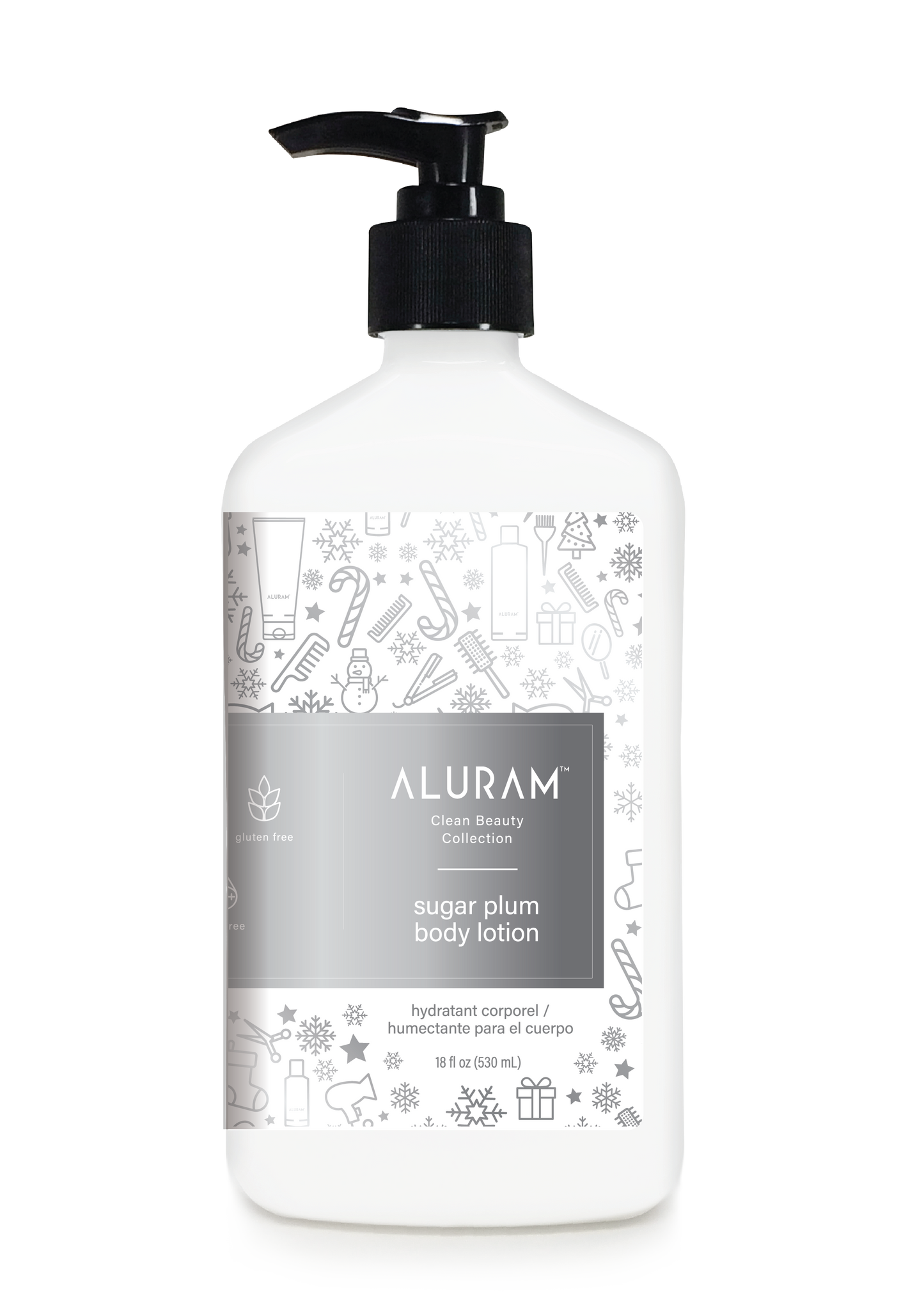 Aluram Sugar Plum Body Lotion — 18 fl oz / 532 ml pump bottle, silver-grey holiday pattern label, official packshot
