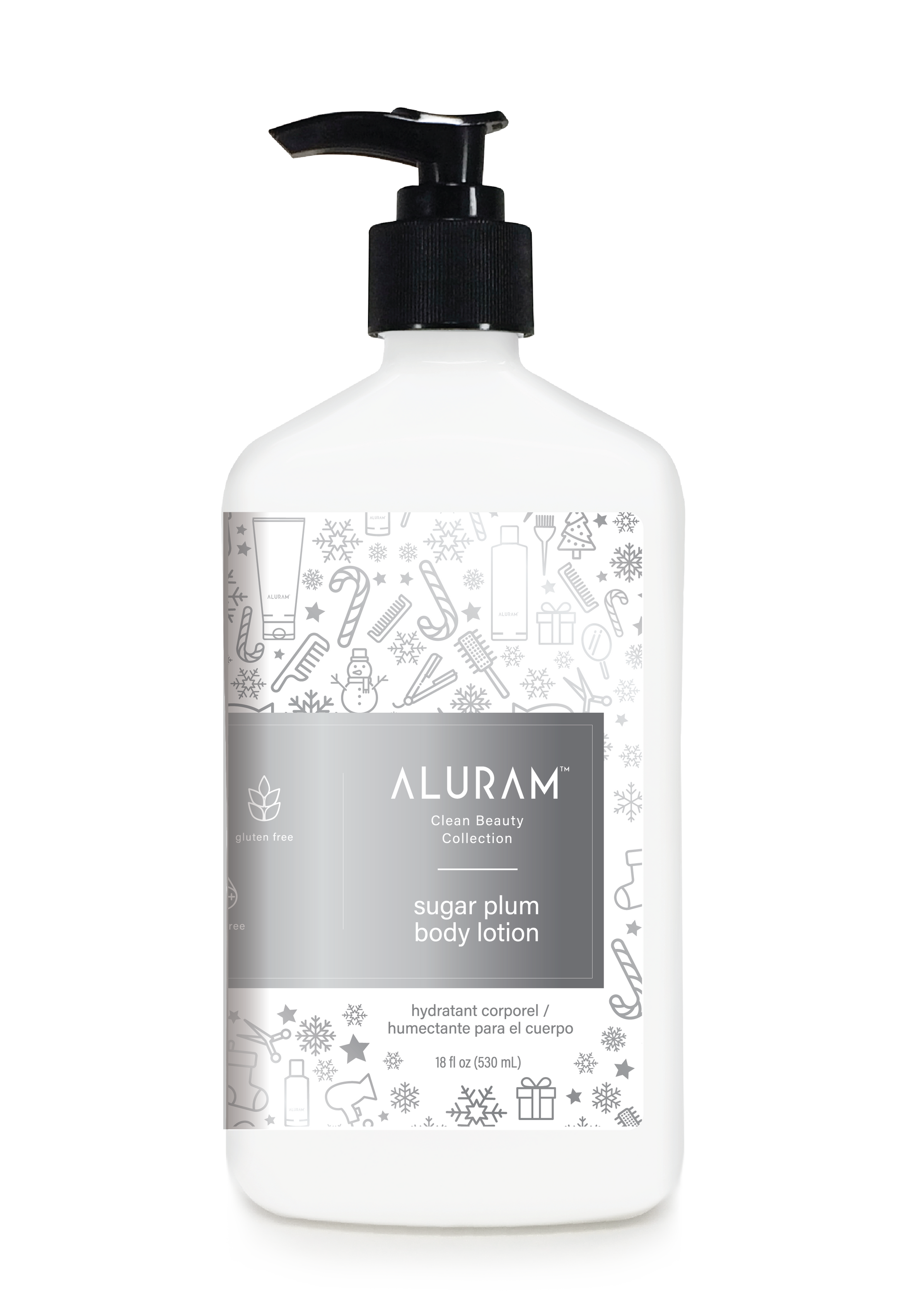 Aluram Sugar Plum Body Lotion — 18 fl oz / 532 ml pump bottle, silver-grey holiday pattern label, official packshot
