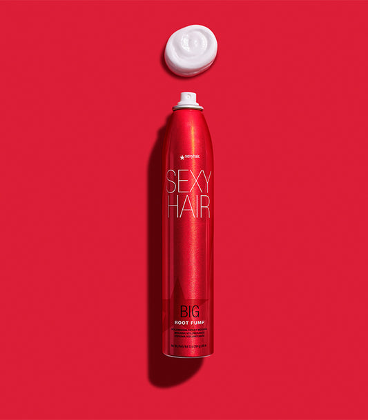 SexyHair Big Root Pump Volumizing Spray Mousse — 295 ml can on red with a dot of the mousse formula