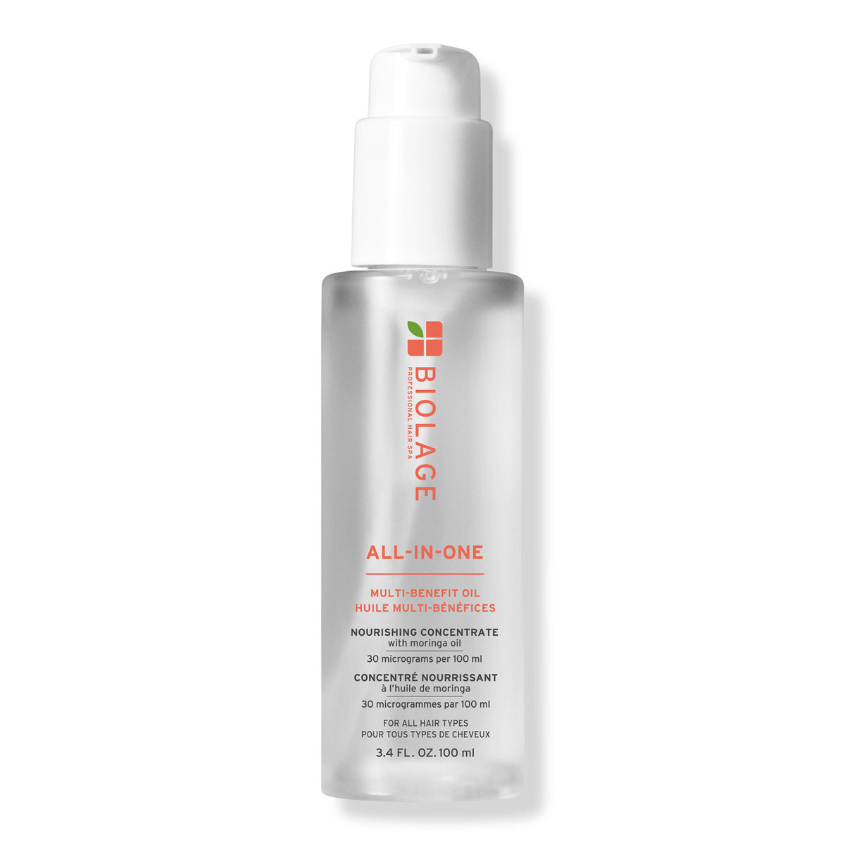 Biolage All-In-One Multi-Benefit Oil — current-generation frosted 100 ml bottle, front label, plain white background