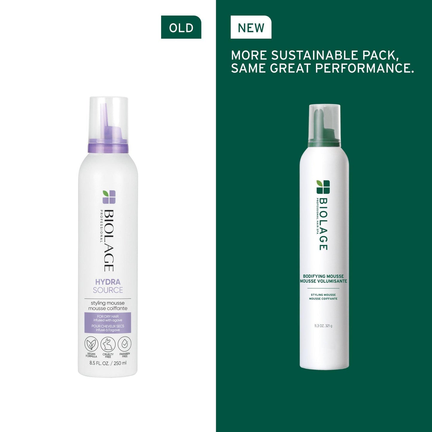 Biolage Bodifying Mousse — new more sustainable can beside the previous pack, same formula