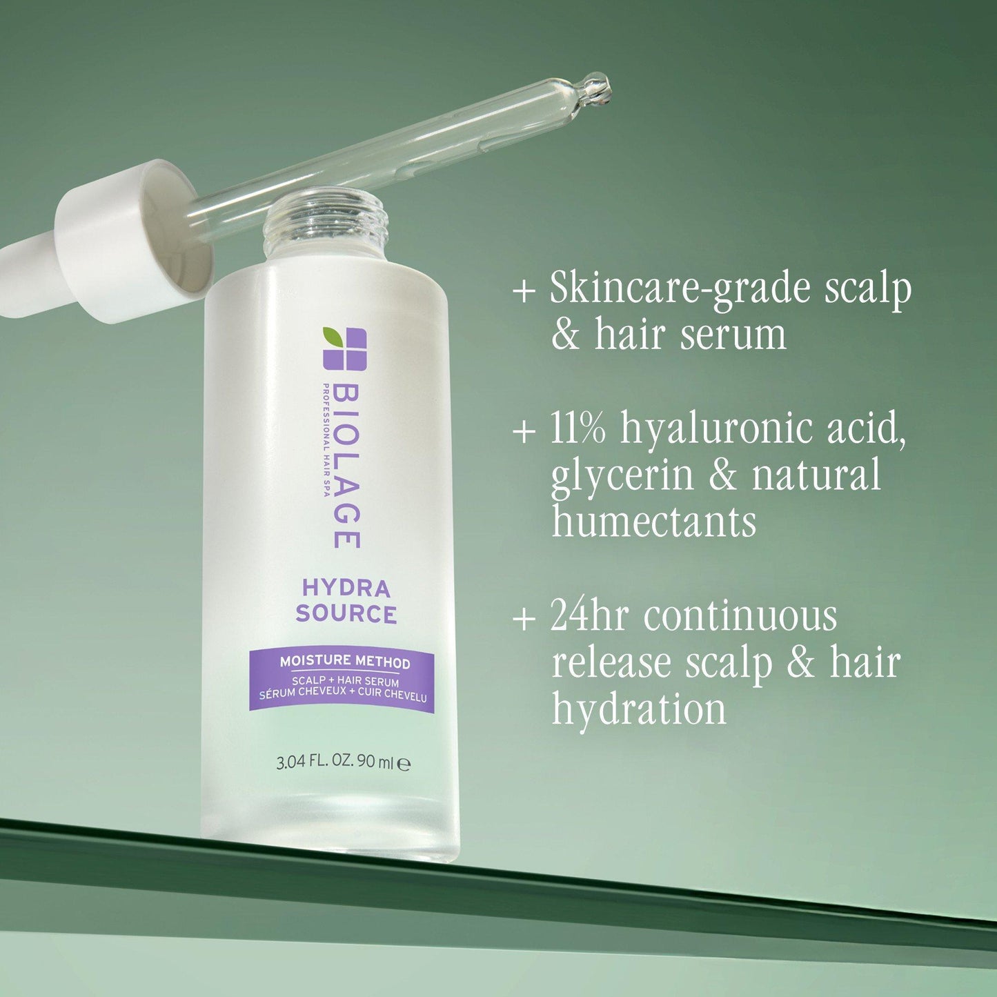 Biolage HydraSource Moisture Method Serum — dropper and key facts: skincare-grade, 1% hyaluronic acid, glycerin