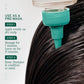 Biolage ScalpSync Purifying Scalp Concentrate — how-to card: use as a pre-wash in three steps, teal applicator nozzle parting dark hair