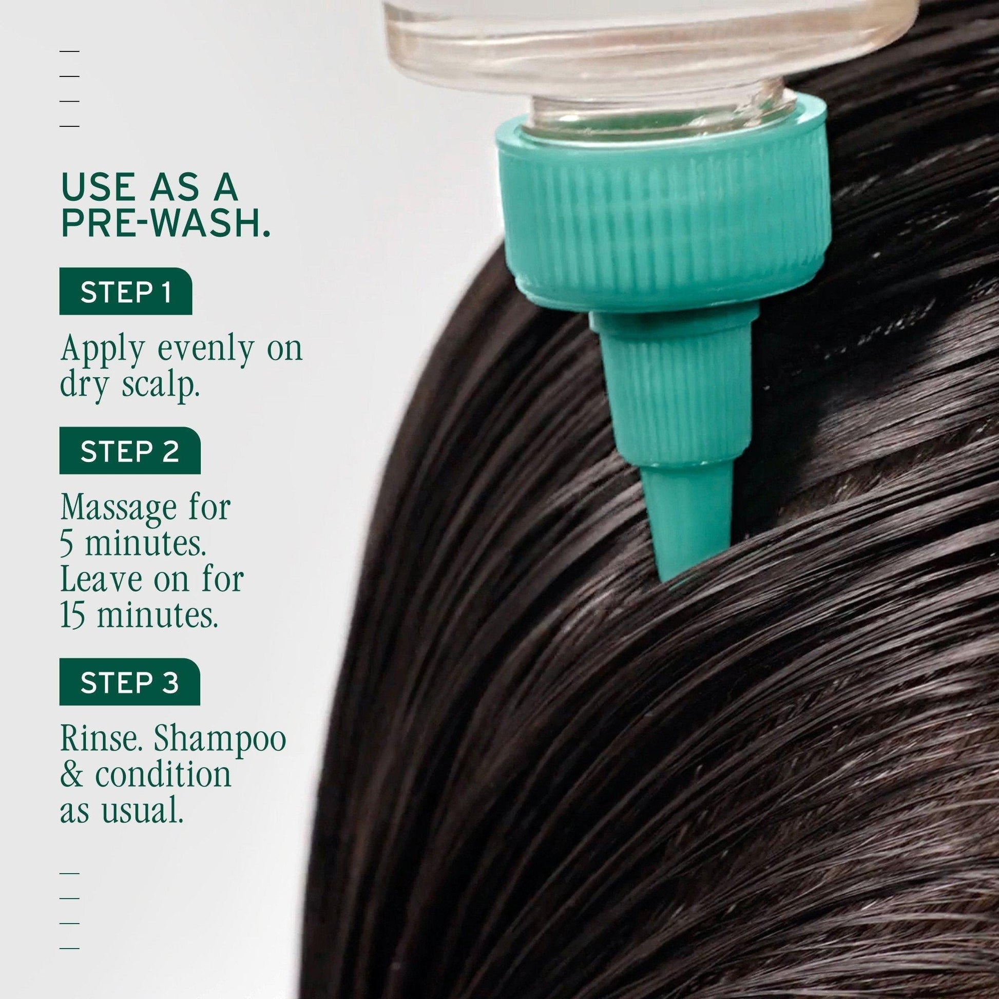 Biolage ScalpSync Purifying Scalp Concentrate — how-to card: use as a pre-wash in three steps, teal applicator nozzle parting dark hair