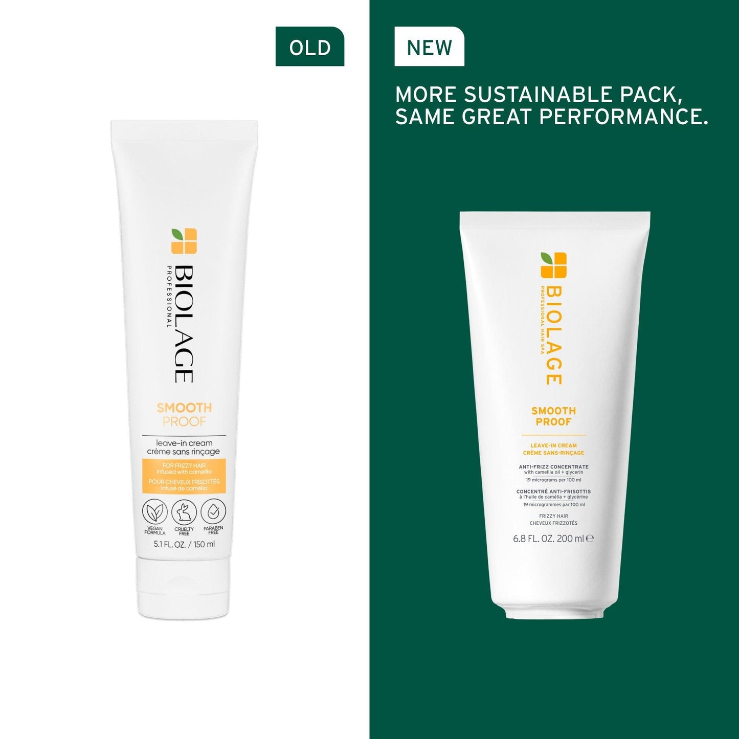 Biolage SmoothProof Leave-In Cream — new more sustainable tube beside the previous pack, same formula