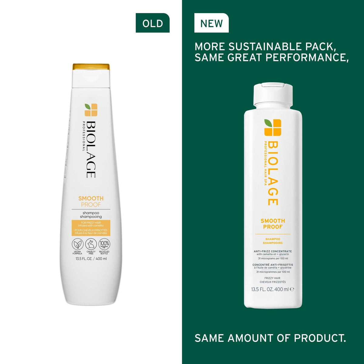 Biolage SmoothProof Shampoo — Biolage's own old-pack vs current-pack comparison, same amount of product
