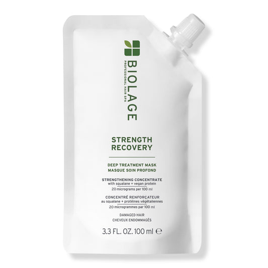 Biolage Strength Recovery Deep Treatment Mask 100 ml — stand-up pouch with green label, front, plain background