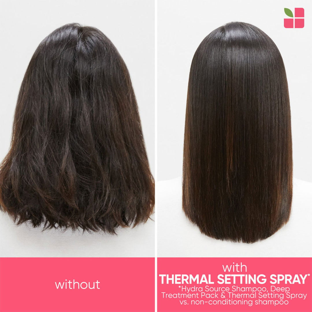 Biolage Thermal Active Setting Spray — without and with, on heat-styled hair