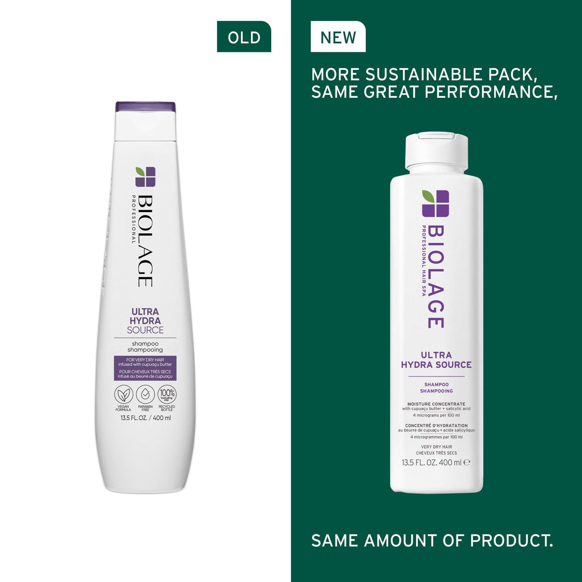 Biolage Ultra HydraSource Shampoo — Biolage's own old-pack vs current-pack comparison, same amount of product