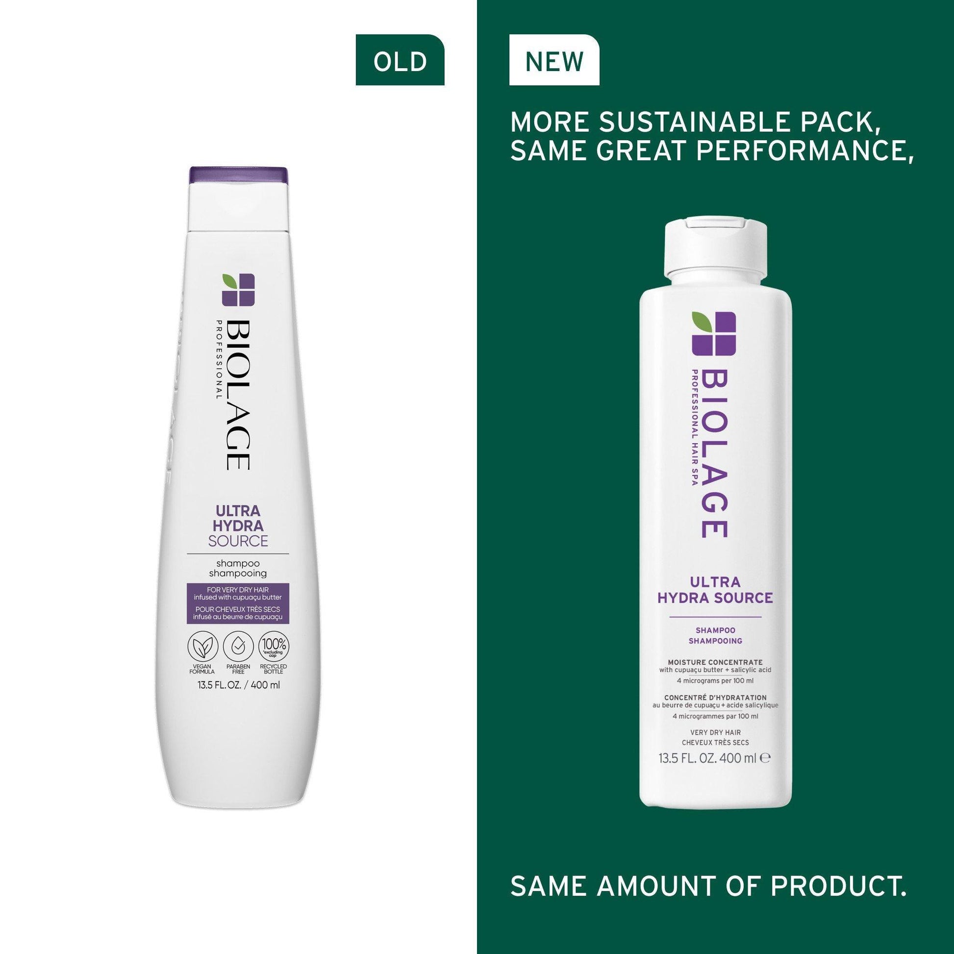 Biolage Ultra HydraSource Shampoo — Biolage's own old-pack vs current-pack comparison, same amount of product