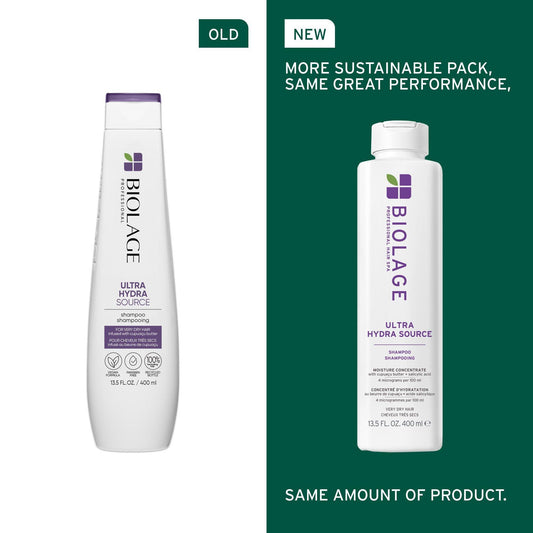 Biolage Ultra HydraSource Shampoo — Biolage's own old-pack vs current-pack comparison, same amount of product