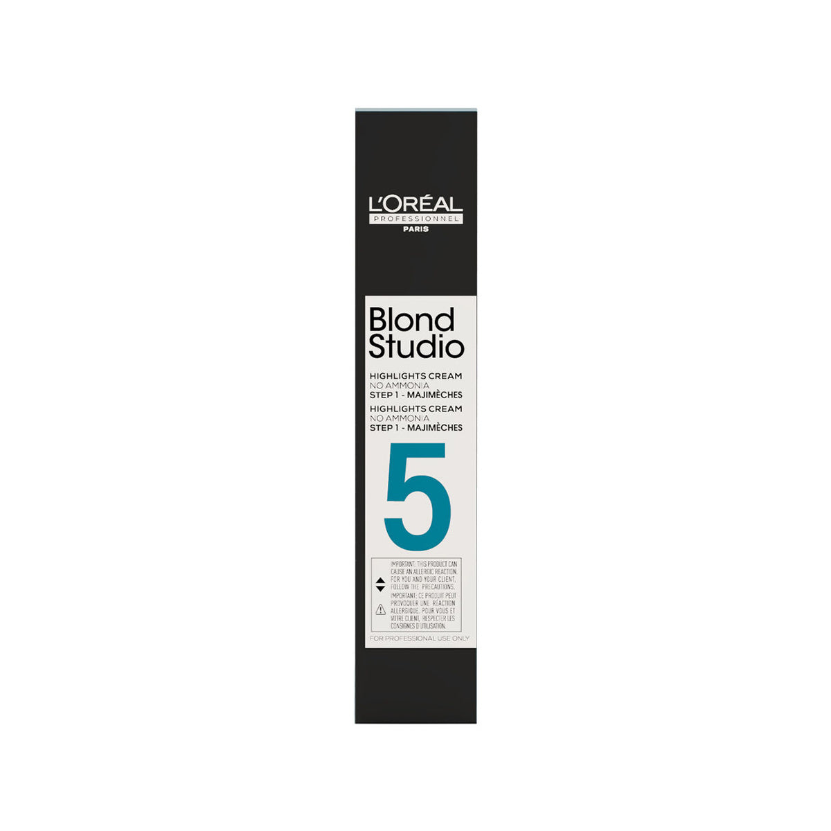 L'Oréal Professionnel Blond Studio Majimèches Lightening Cream — Blond Studio 5 carton front, ammonia-free Step 1 highlights cream, plain white background