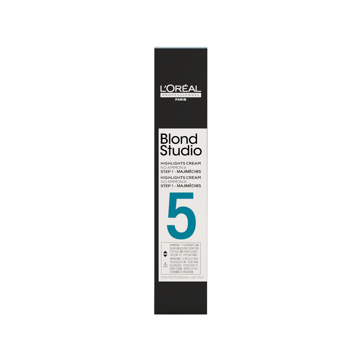 L'Oréal Professionnel Blond Studio Majimèches Lightening Cream — Blond Studio 5 carton front, ammonia-free Step 1 highlights cream, plain white background