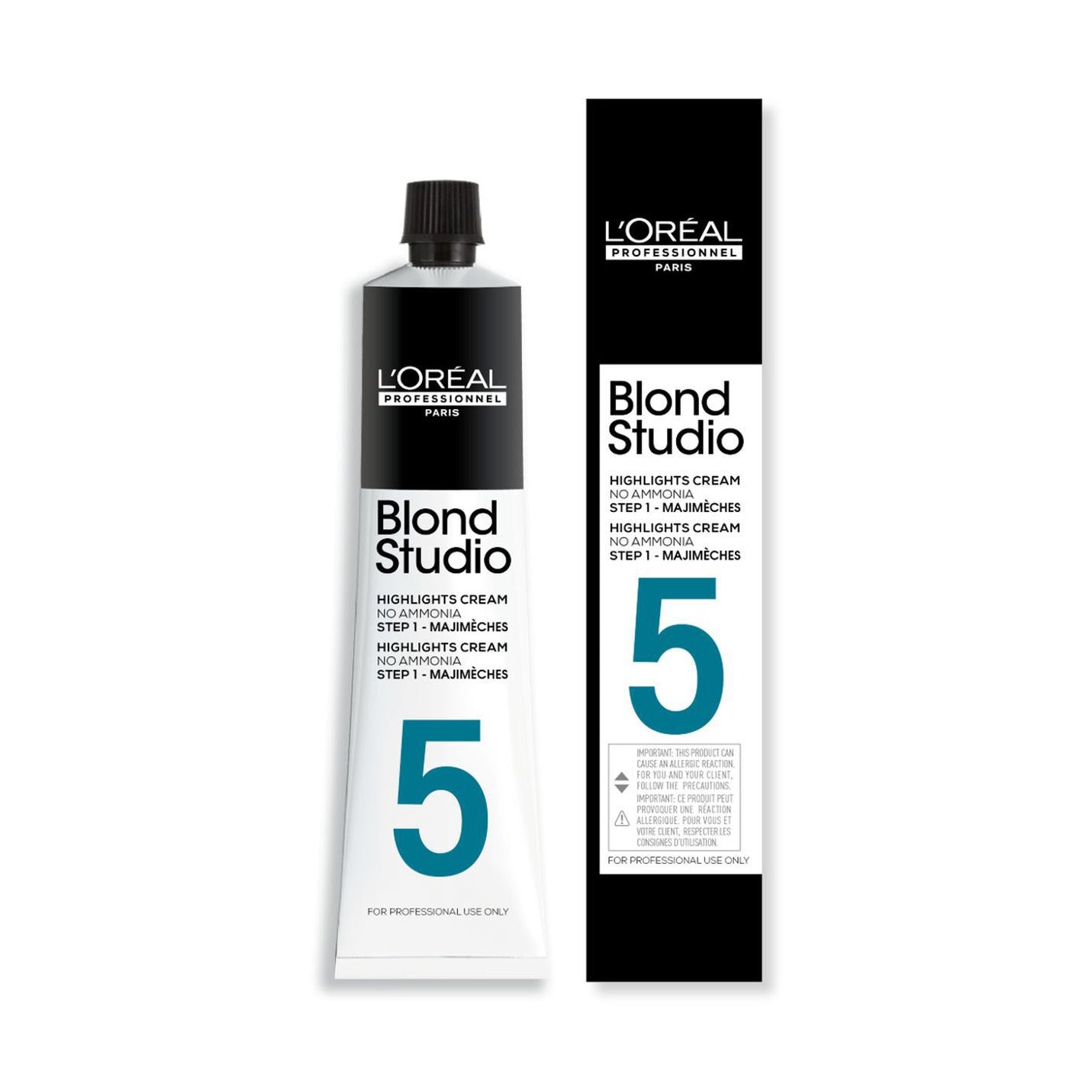 L'Oréal Professionnel Blond Studio Majimèches Lightening Cream — 60 ml Blond Studio 5 tube shown beside its carton, ammonia-free Step 1 highlights cream