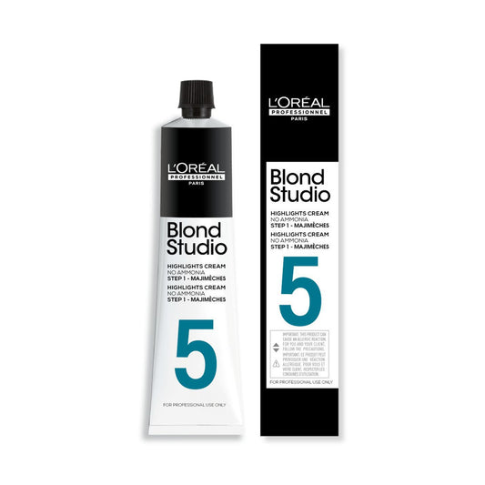 L'Oréal Professionnel Blond Studio Majimèches Lightening Cream — 60 ml Blond Studio 5 tube shown beside its carton, ammonia-free Step 1 highlights cream