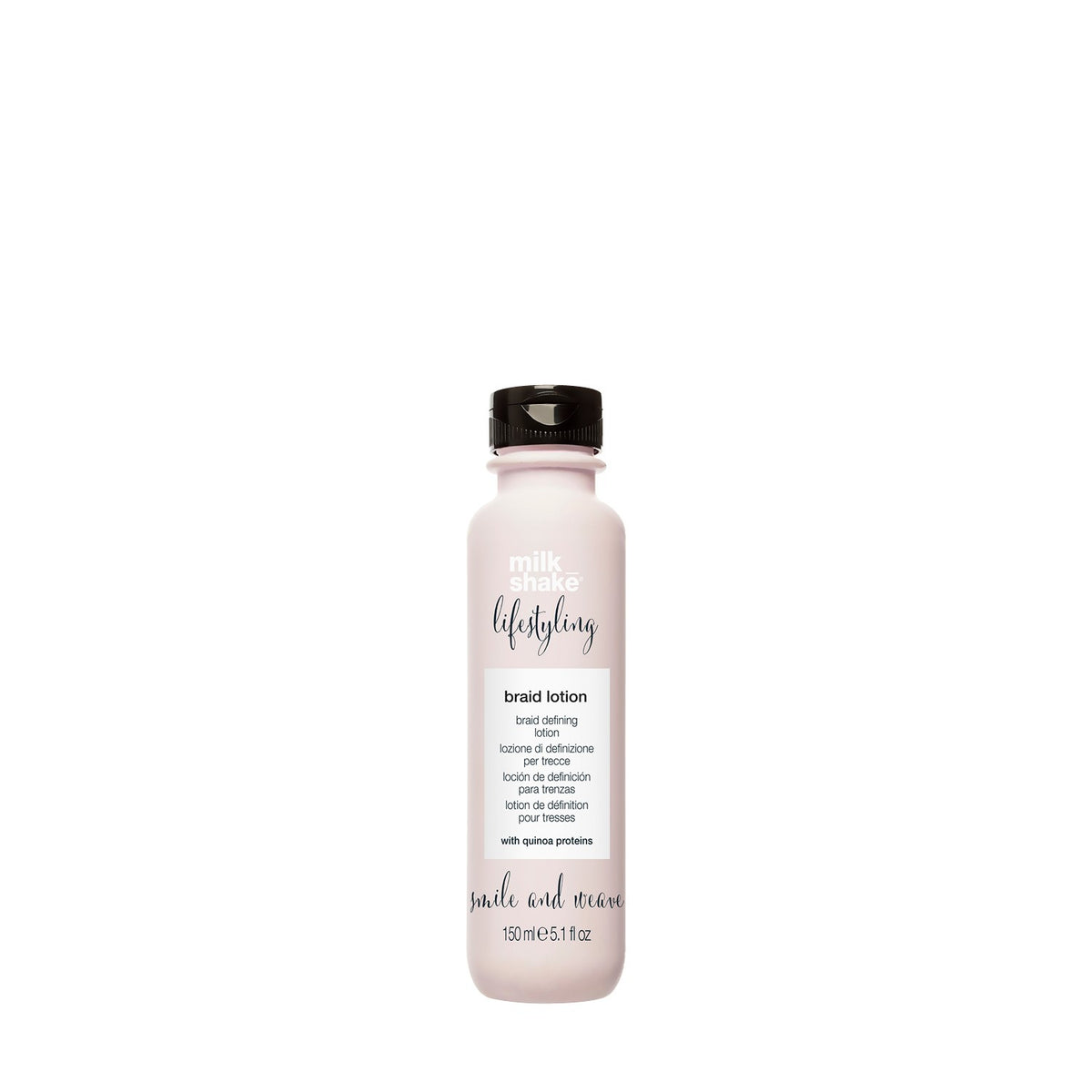milk_shake Lifestyling Smile & Weave Braid Lotion — brand packshot, plain white background (z-one concept)