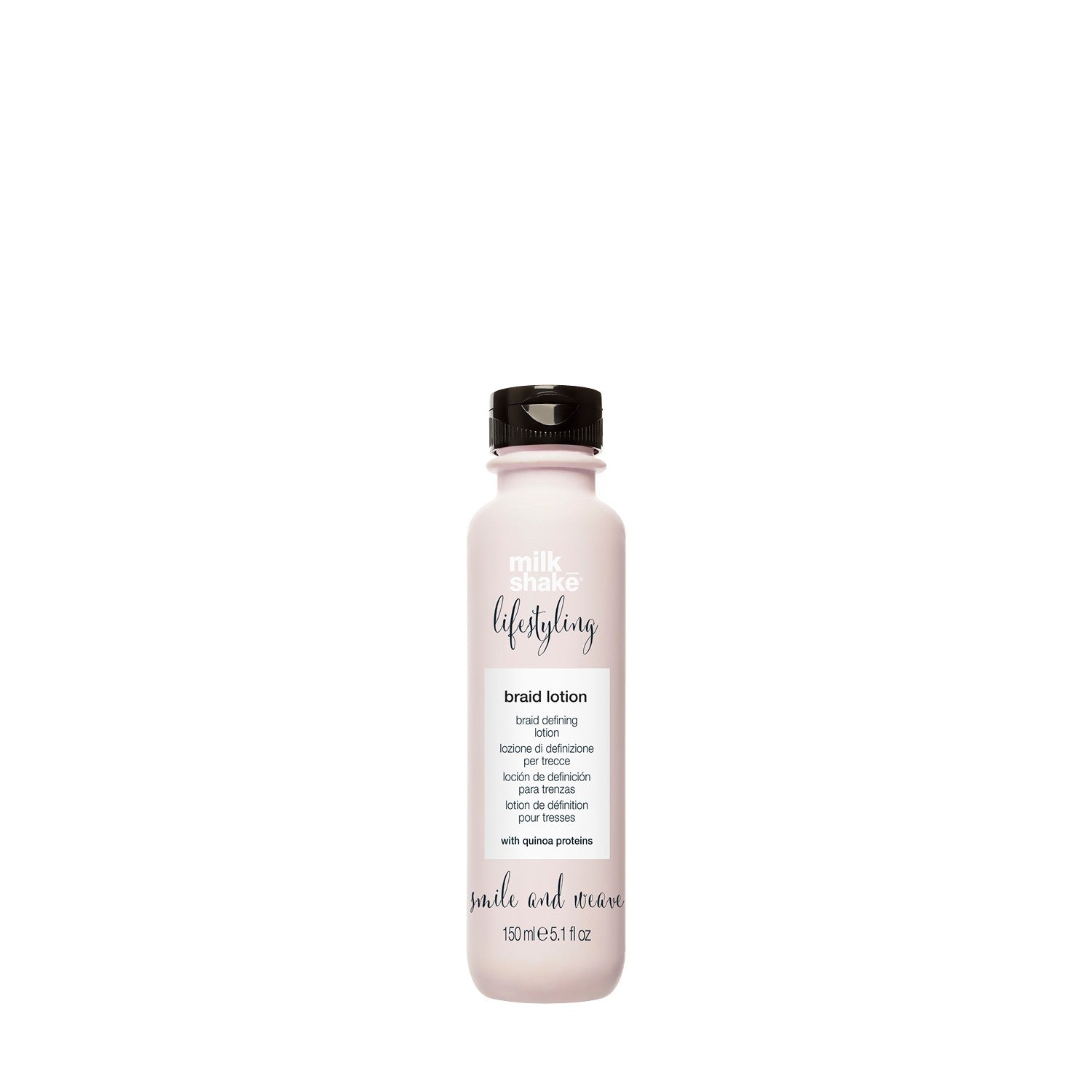milk_shake Lifestyling Smile & Weave Braid Lotion — brand packshot, plain white background (z-one concept)